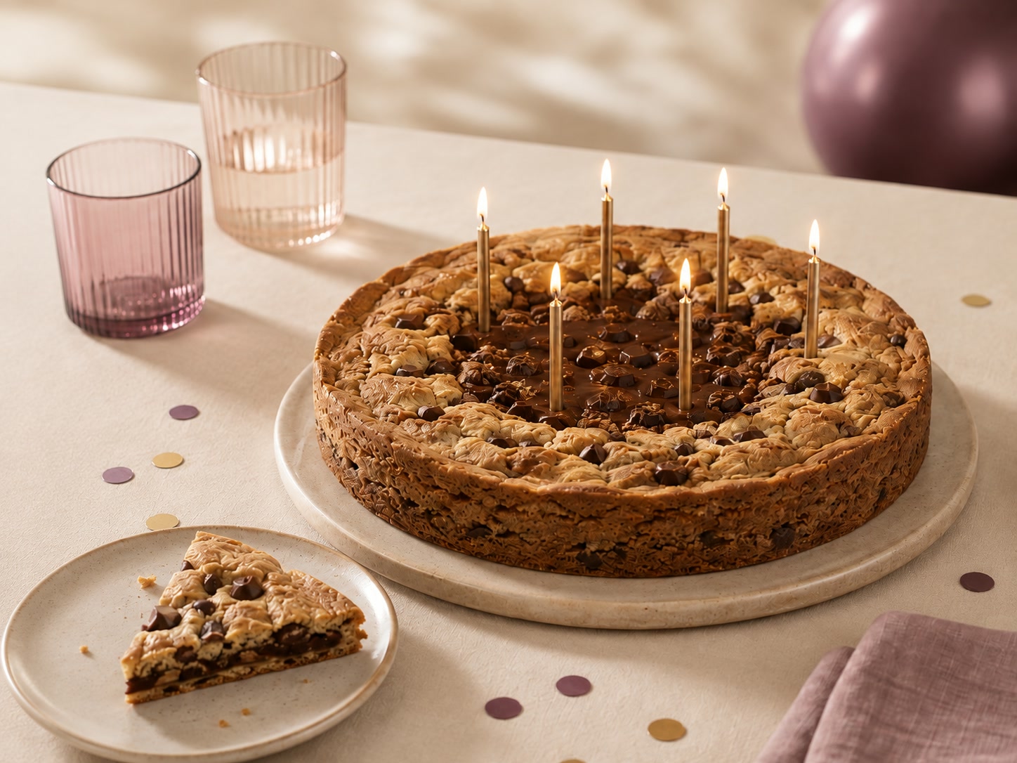 A celebration cookie pie with candles, ready to share