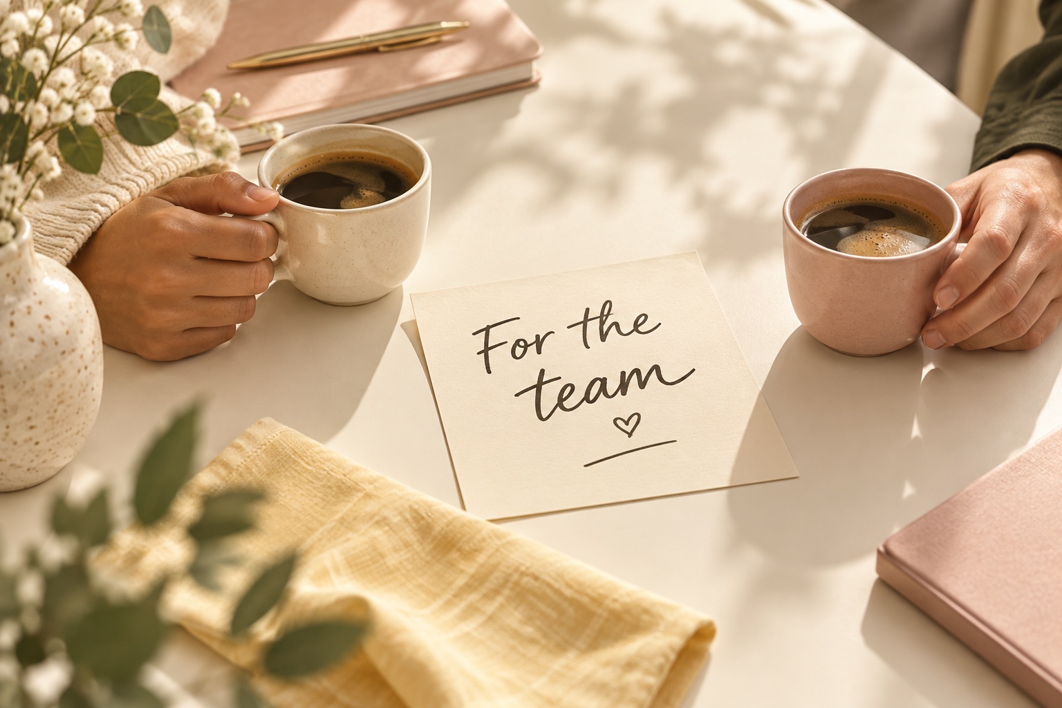 Colleagues sharing coffee beside a handwritten For the team card