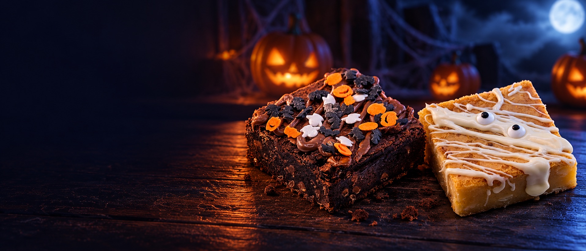 A Clever Cookie Halloween brownie with pumpkin sprinkles and a mummy blondie on a dark table by jack-o'-lanterns